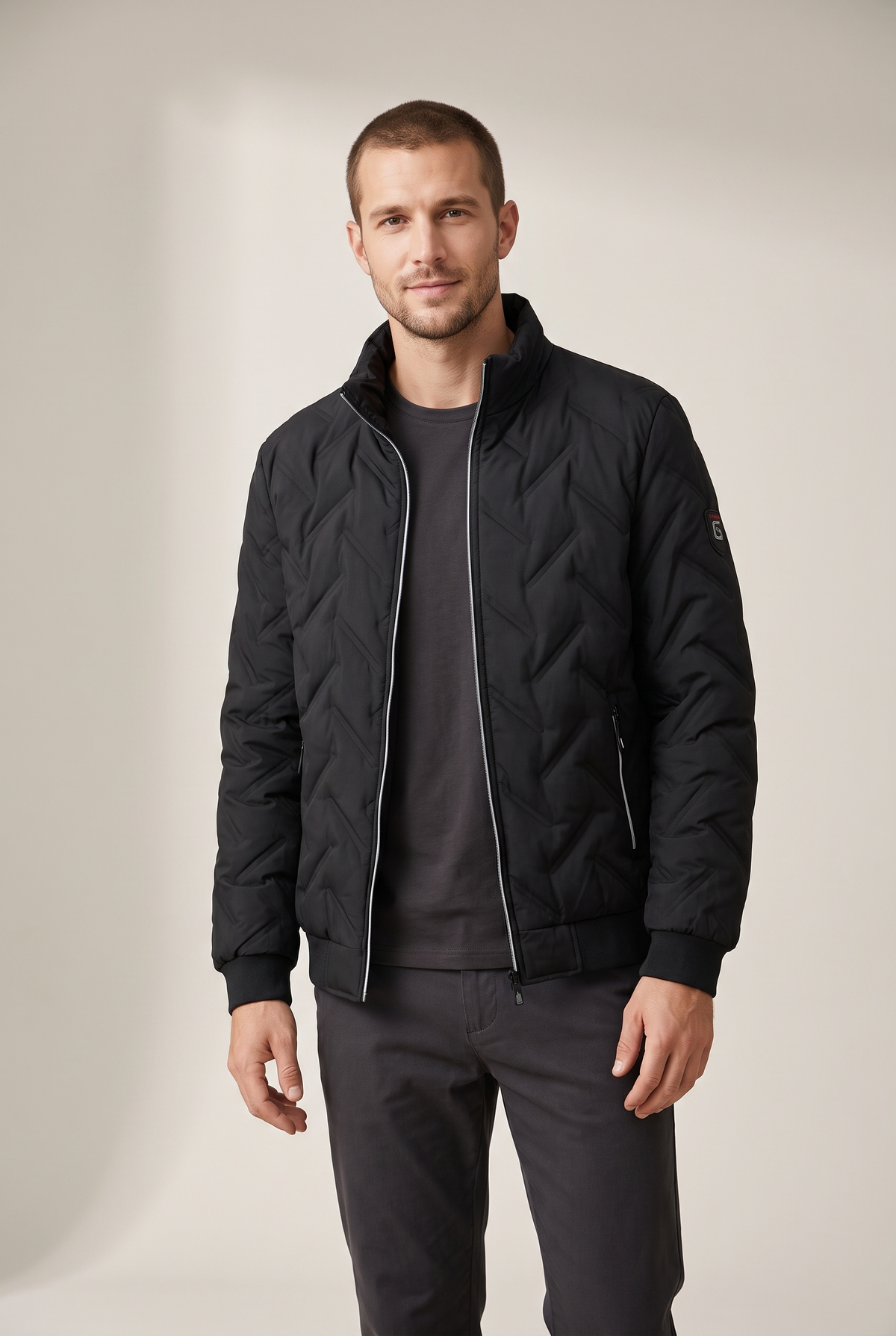 Theo Men's Quilted Stand Collar Design Full Zip Front Puffer Jacket in Black, on model
