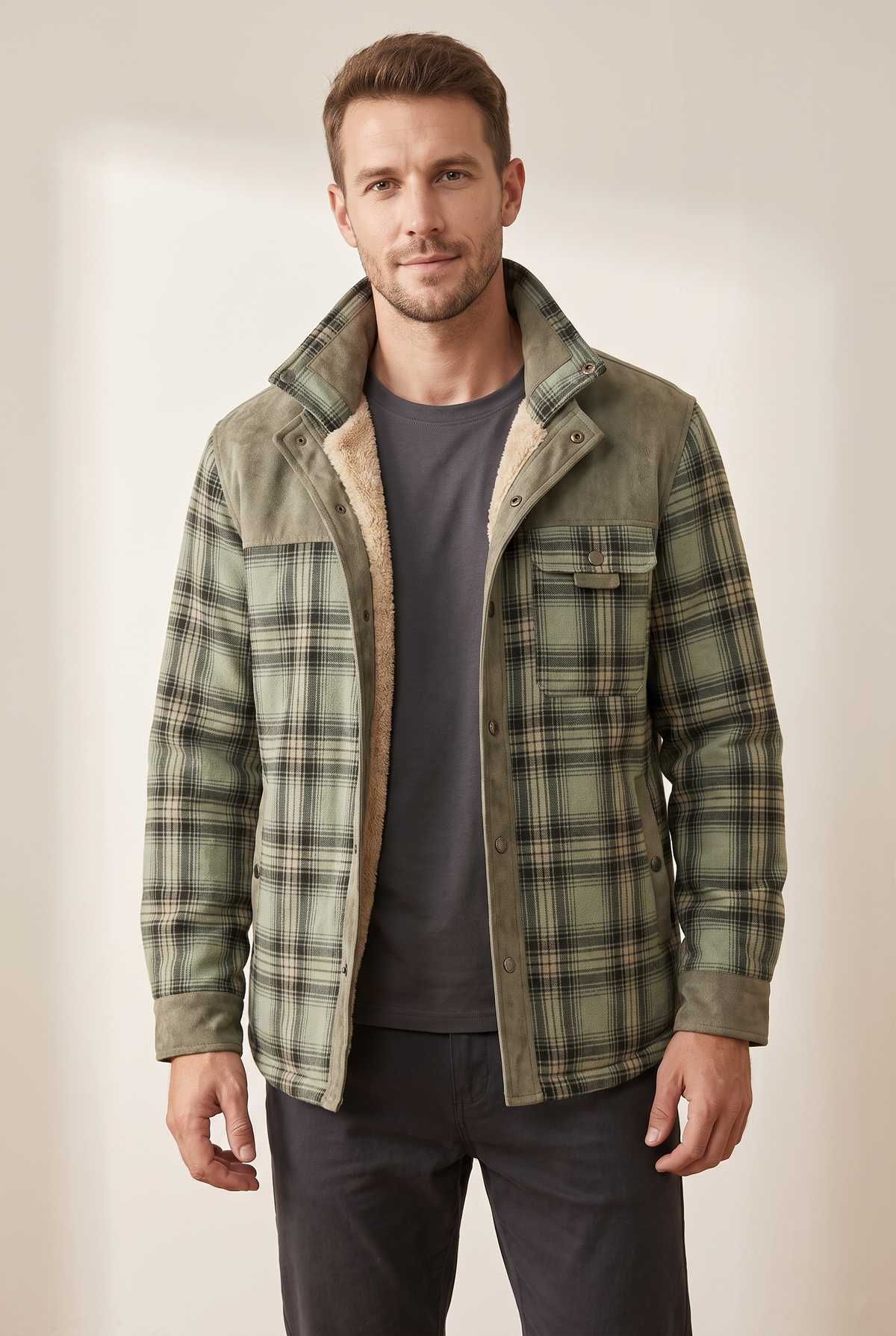 Xavier Men's Snap Button Closure Plaid Pattern Exterior Stand Collar Jacket in Light Green, on model