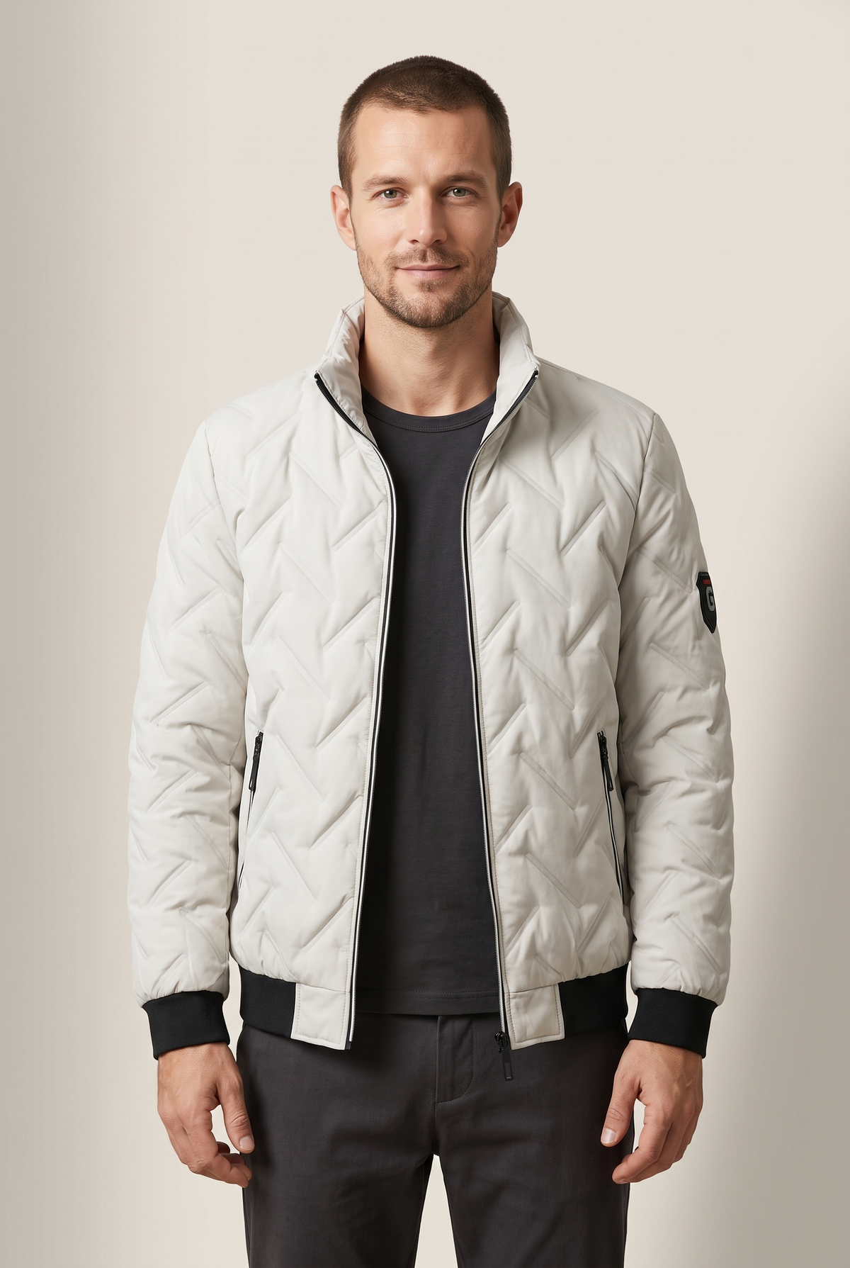 Theo Men's Quilted Stand Collar Design Full Zip Front Puffer Jacket in Off white, on model