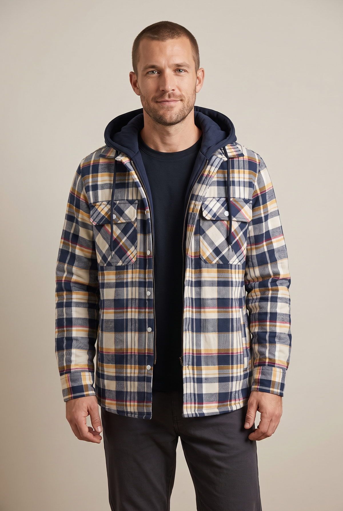 Silas Men's Plaid Pattern Exterior Attached Hood Detail Layered Front Closure Jacket in Yellow, on model