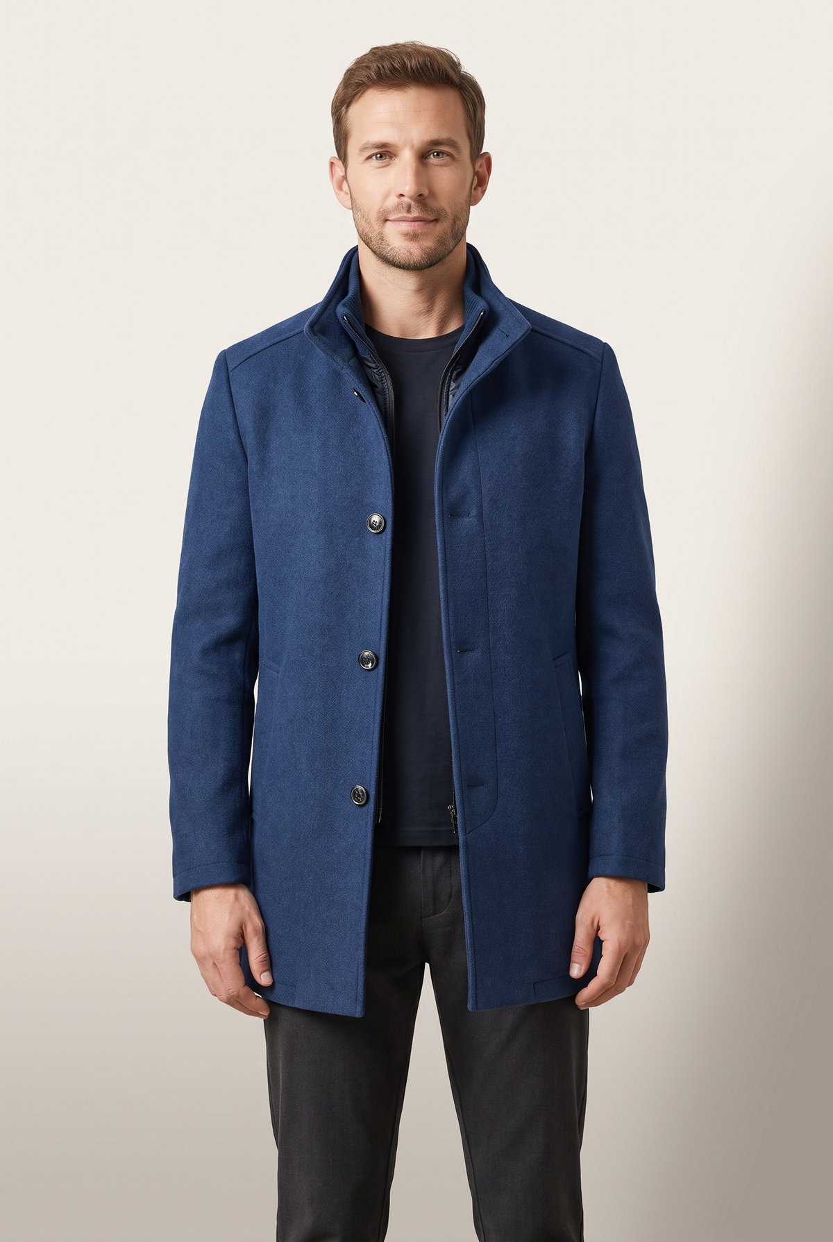 Vincent Men's Winter Stand Collar Design Button Front Closure Coat in Blue, on model