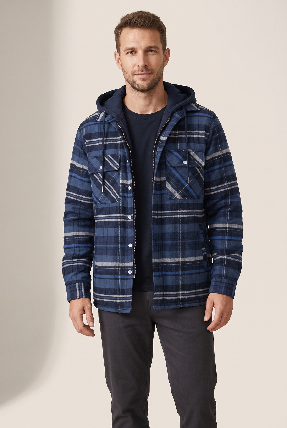 Silas Men's Plaid Pattern Exterior Attached Hood Detail Layered Front Closure Jacket in Navy Blue, on model
