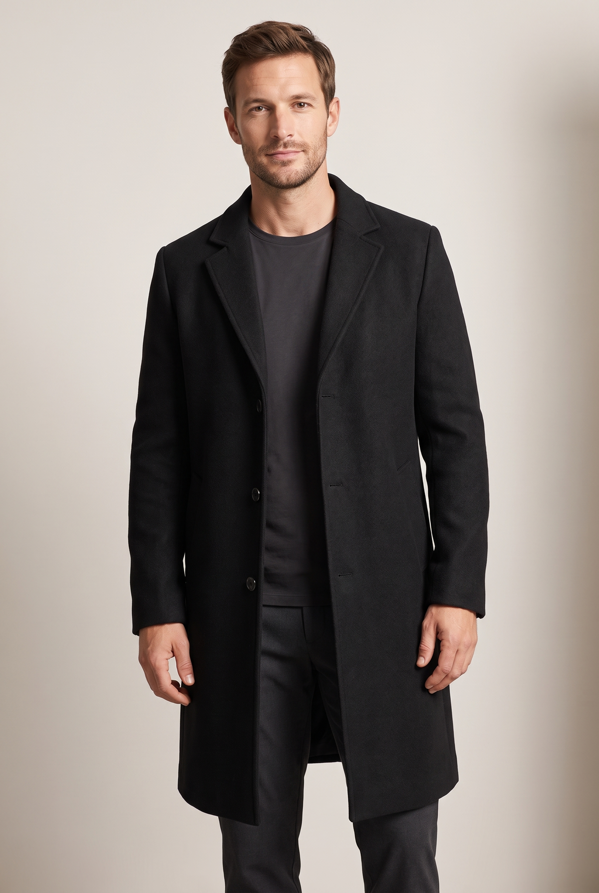 Men's Longline Button-Front Overcoat with Lapel Collar in Black, on model