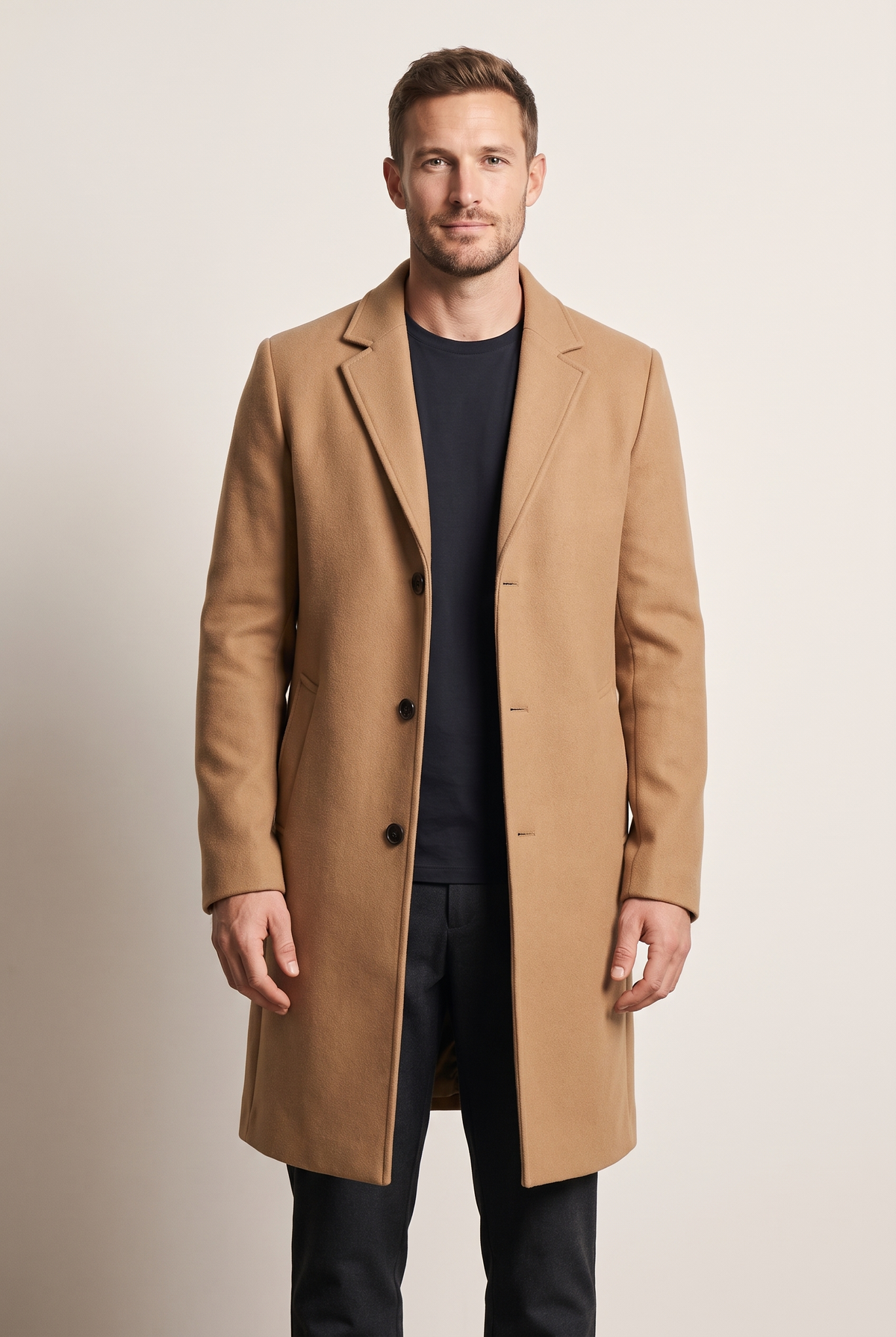 Men's Longline Button-Front Overcoat with Lapel Collar in Beige, on model