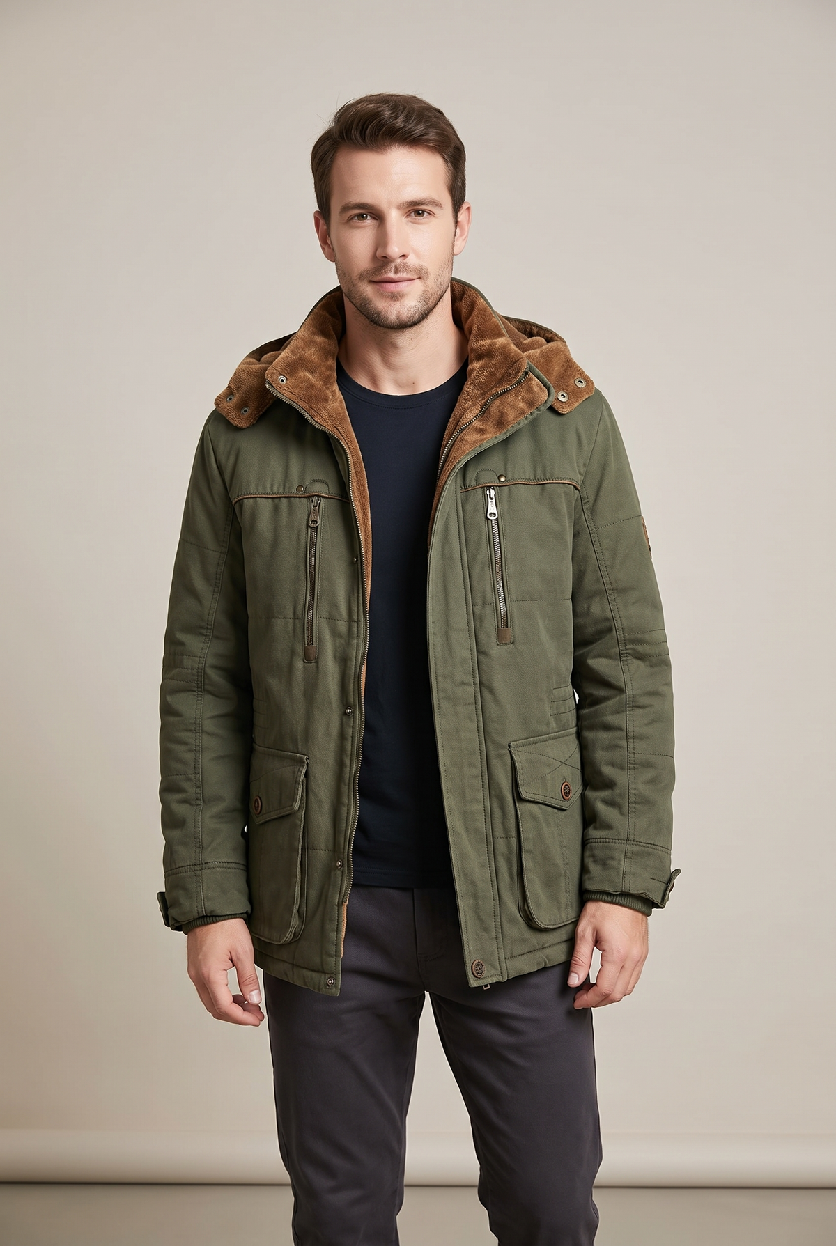 Men's Zip-Up Winter Coat with Hooded Neckline in Green, on model