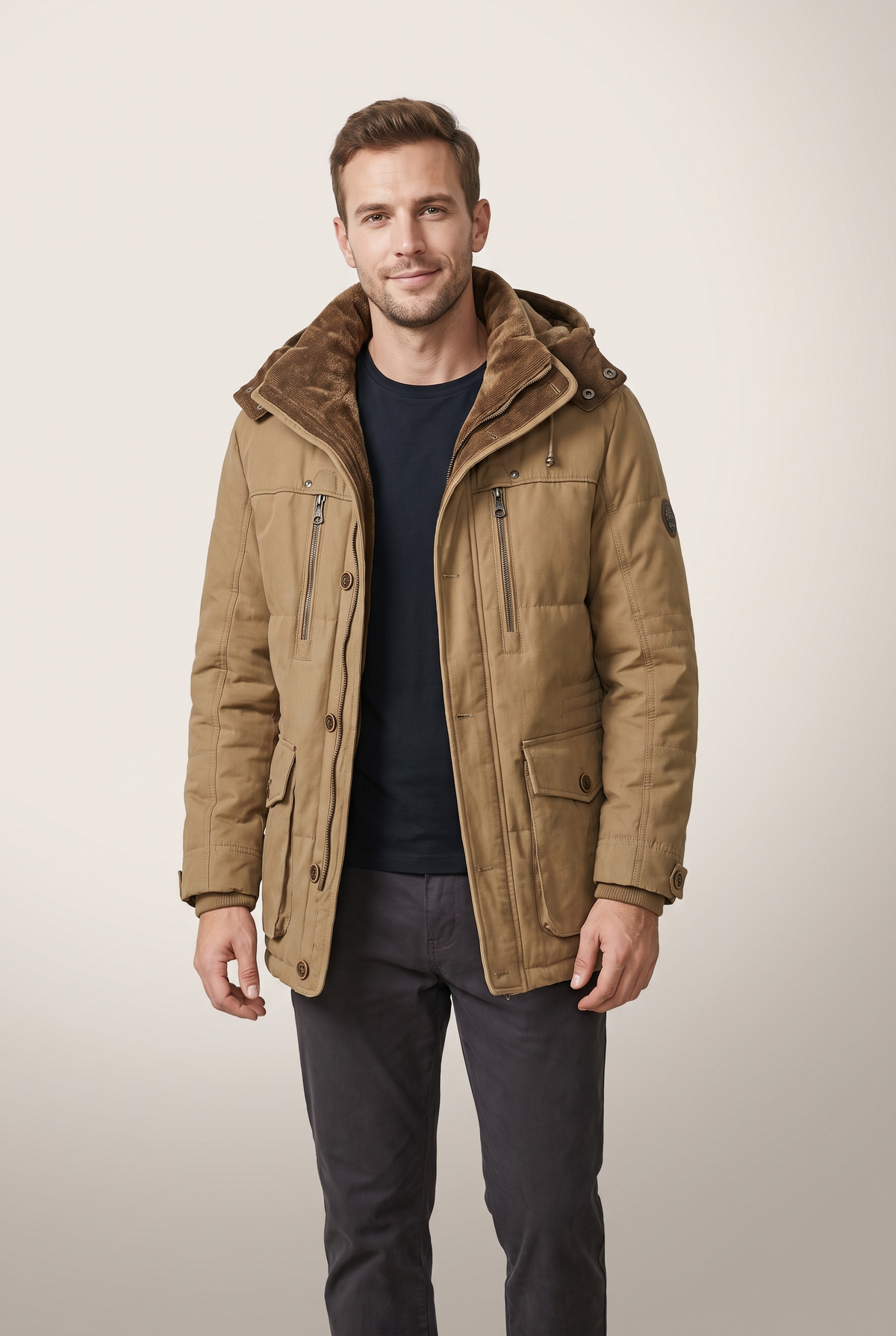 Men's Zip-Up Winter Coat with Hooded Neckline in Khaki, on model