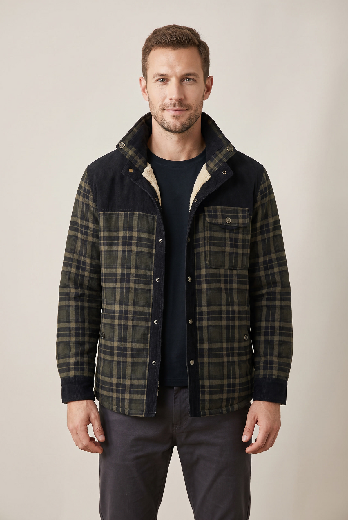Xavier Men's Snap Button Closure Plaid Pattern Exterior Stand Collar Jacket in Green and Black, on model