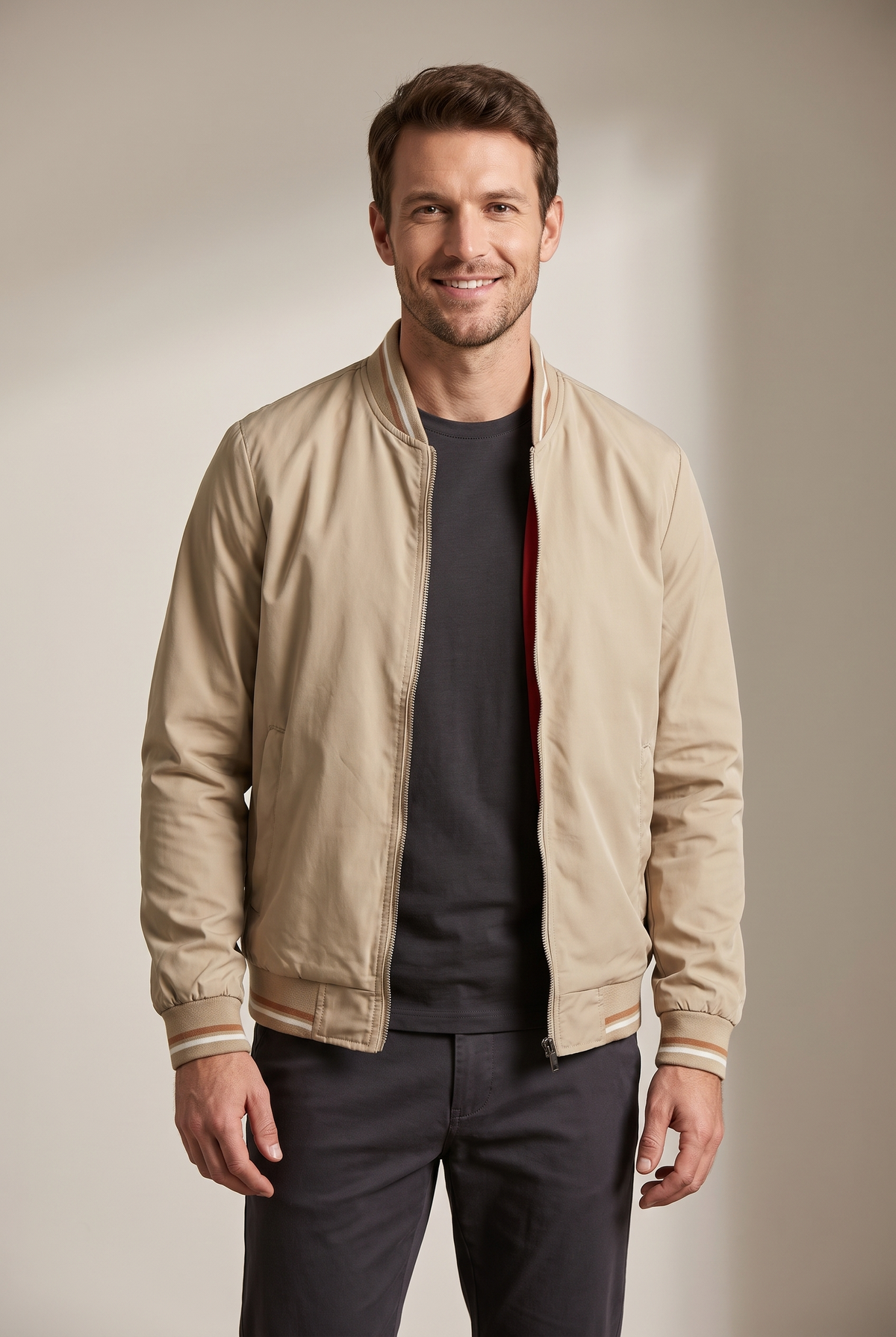 Men's Zip-Up Bomber Jacket with Ribbed Collar and Cuffs in Khaki, on model
