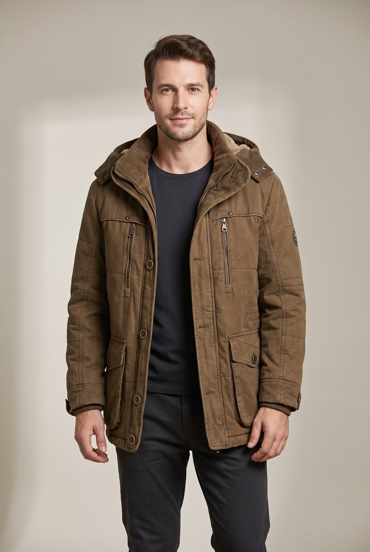 Men's Zip-Up Winter Coat with Hooded Neckline in Brown, on model