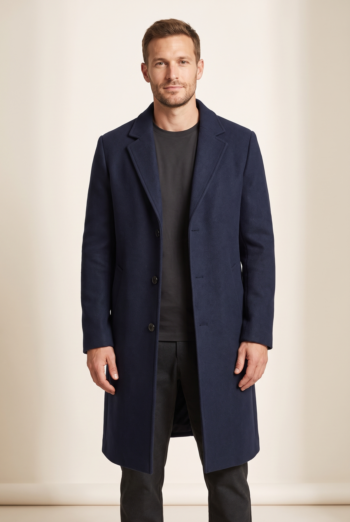 Men's Longline Button-Front Overcoat with Lapel Collar in Dark Blue, on model