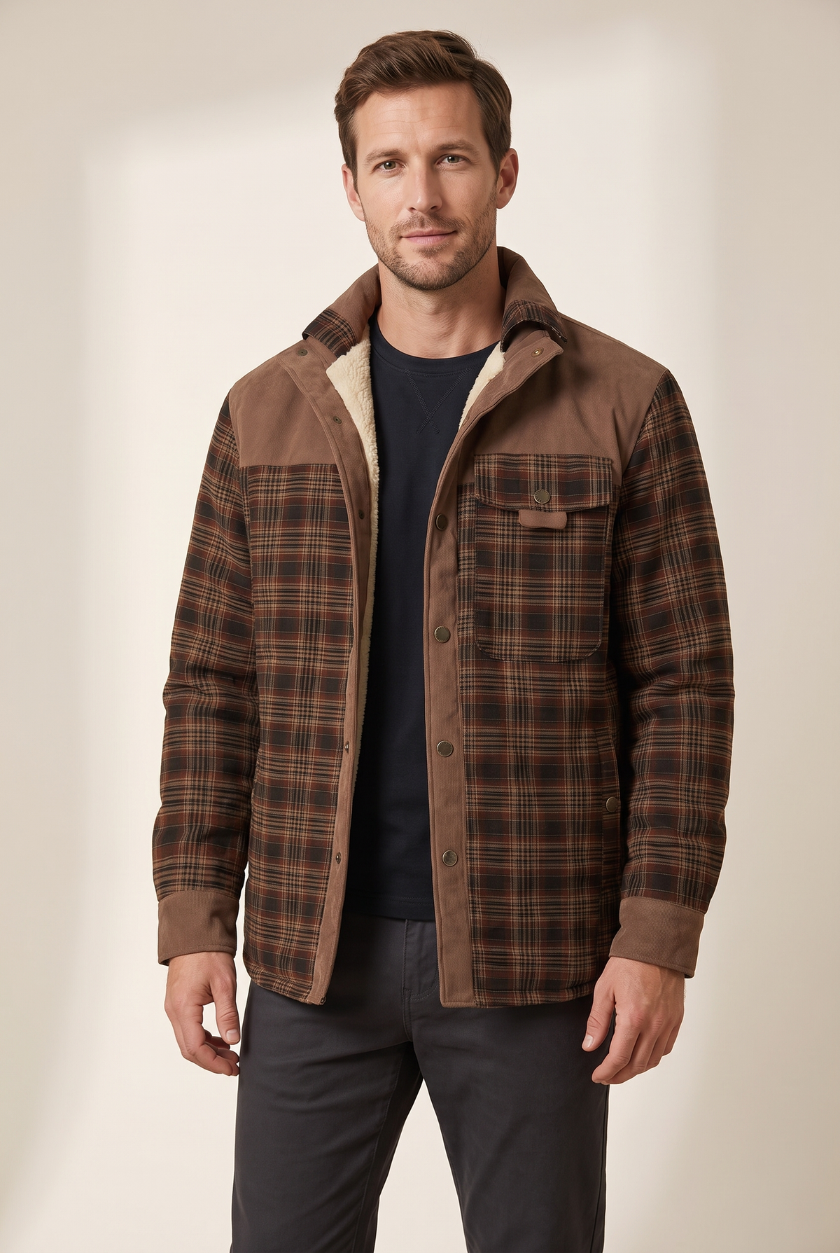 Xavier Men's Snap Button Closure Plaid Pattern Exterior Stand Collar Jacket in Brown, on model