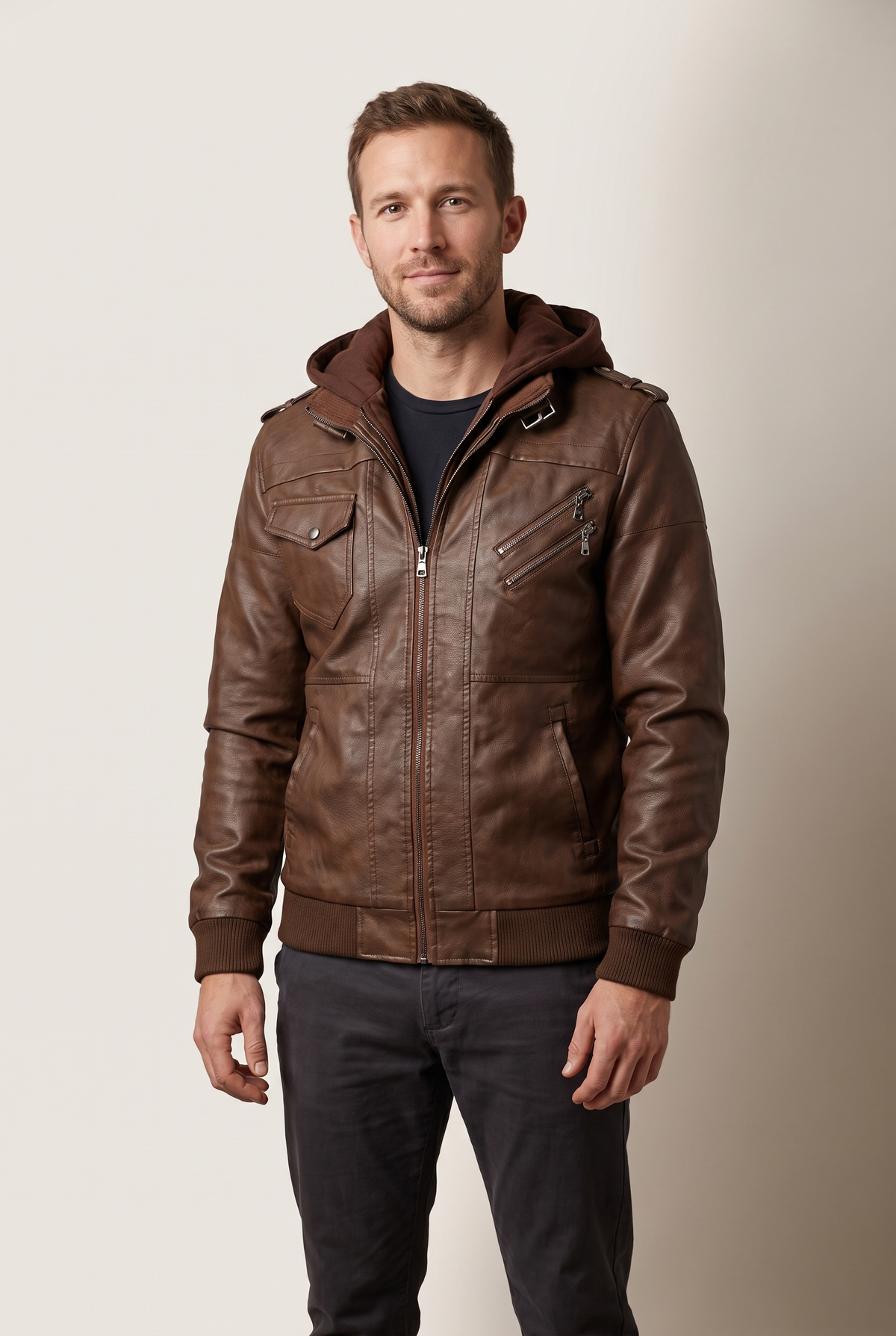 Men's Zip-Up Jacket with Detachable Hood and Multiple Pockets in Brown, on model