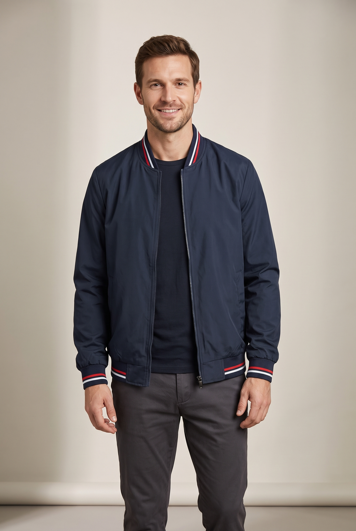 Men's Zip-Up Bomber Jacket with Ribbed Collar and Cuffs in Navy Blue, on model