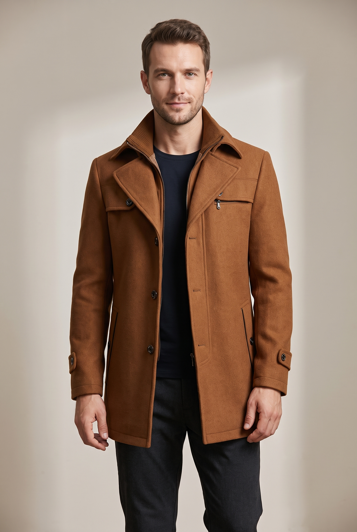 Men's Mid-Length Button-Front Winter Jacket with Structured Collar in Brown, on model