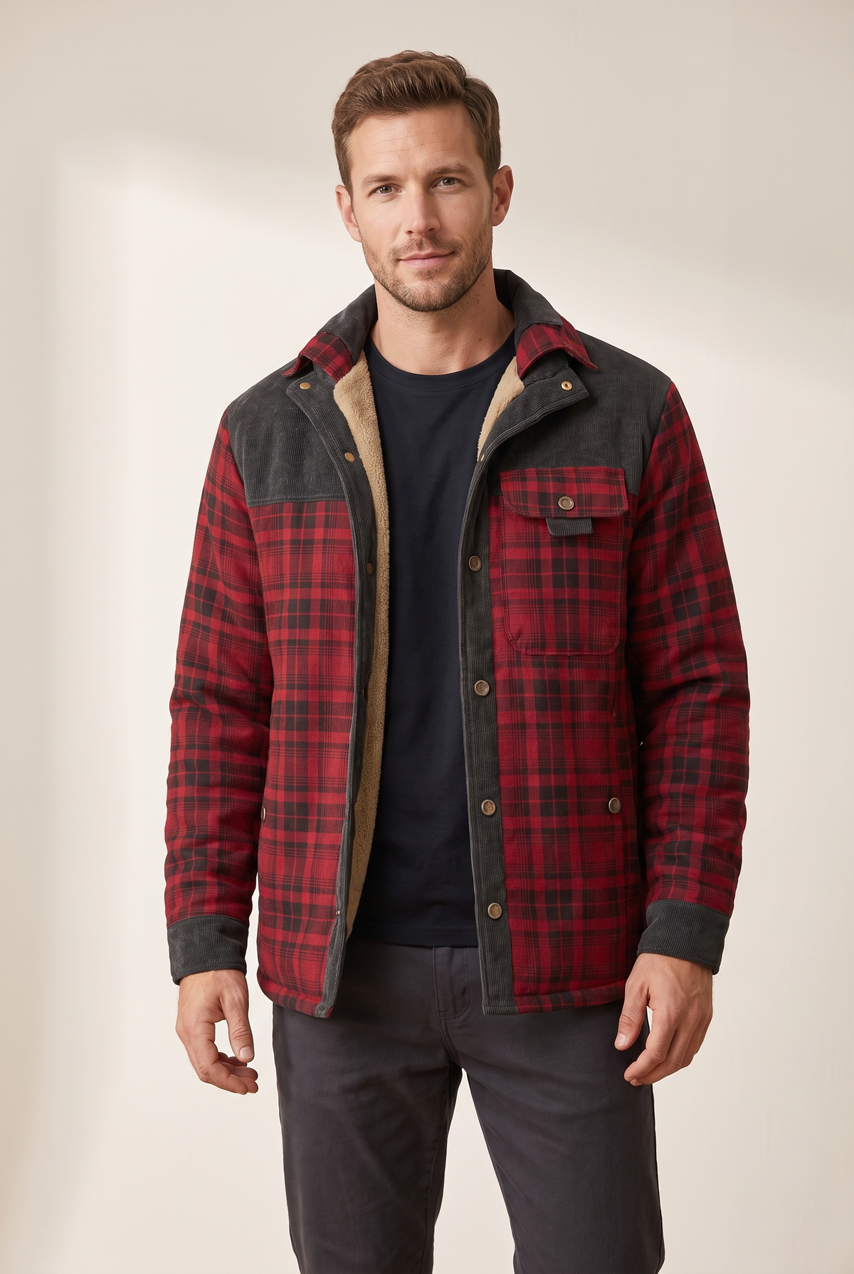 Men's Plaid Button-Front Jacket with Lined Interior in Red and Black, on model