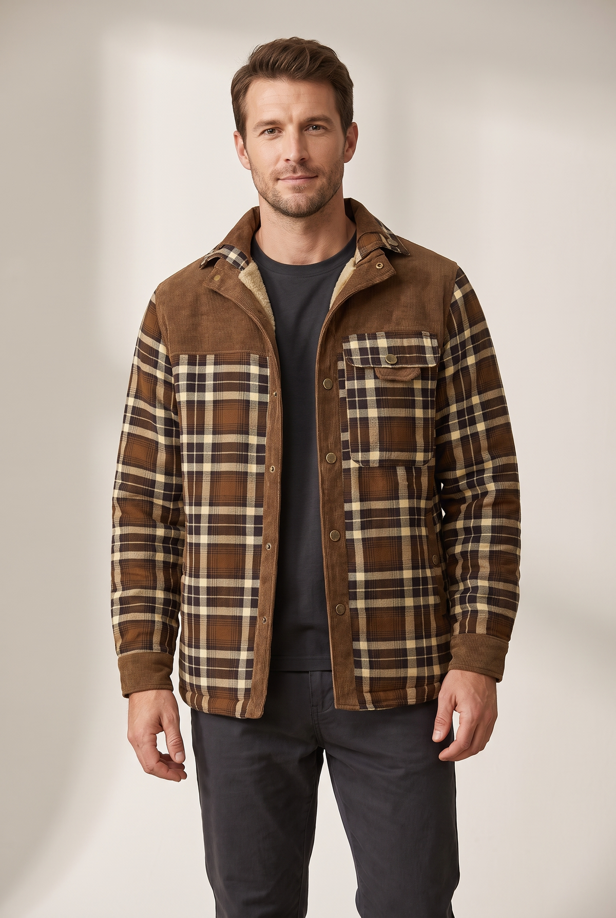 Men's Plaid Button-Front Jacket with Lined Interior in Brown, on model