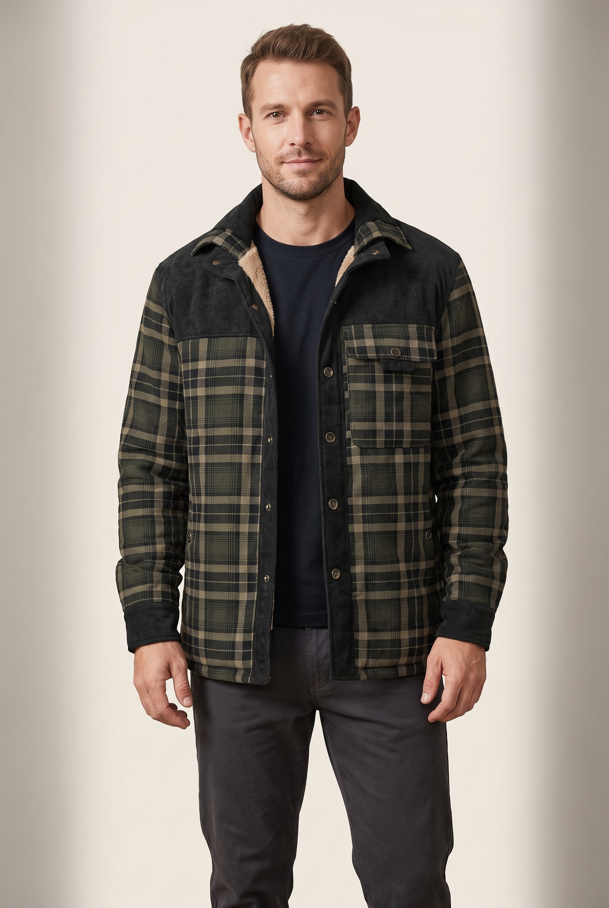 Men's Plaid Button-Front Jacket with Lined Interior in Army Green, on model