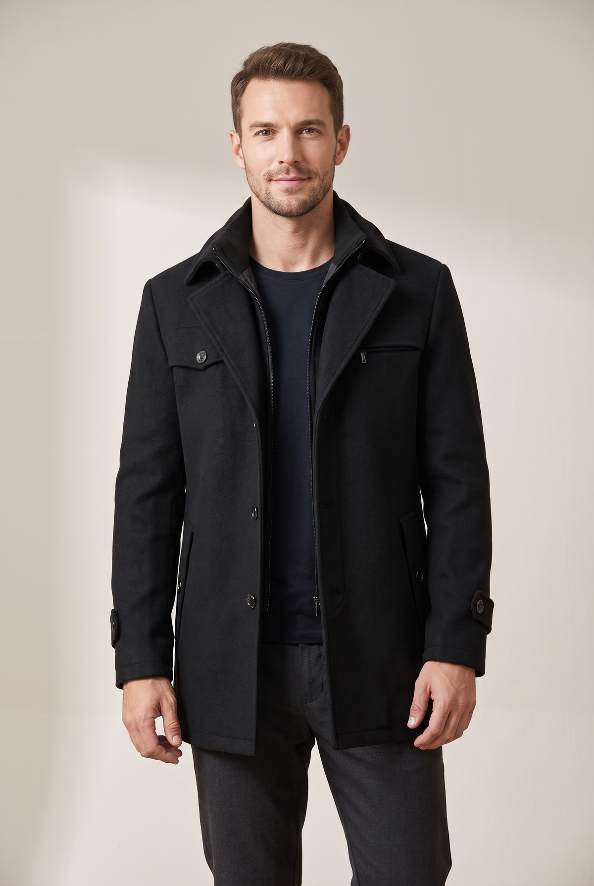 Men's Mid-Length Button-Front Winter Jacket with Structured Collar in Black, on model