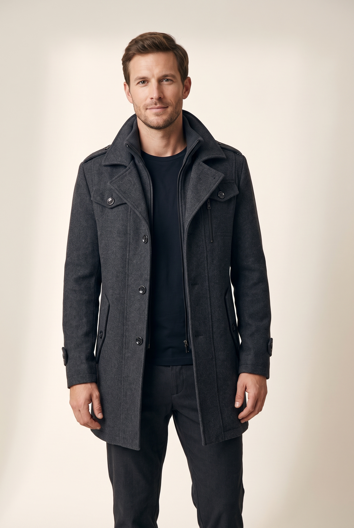 Men's Zip-Up Winter Coat with Button Accents and Stand-Up Collar in Gray, on model
