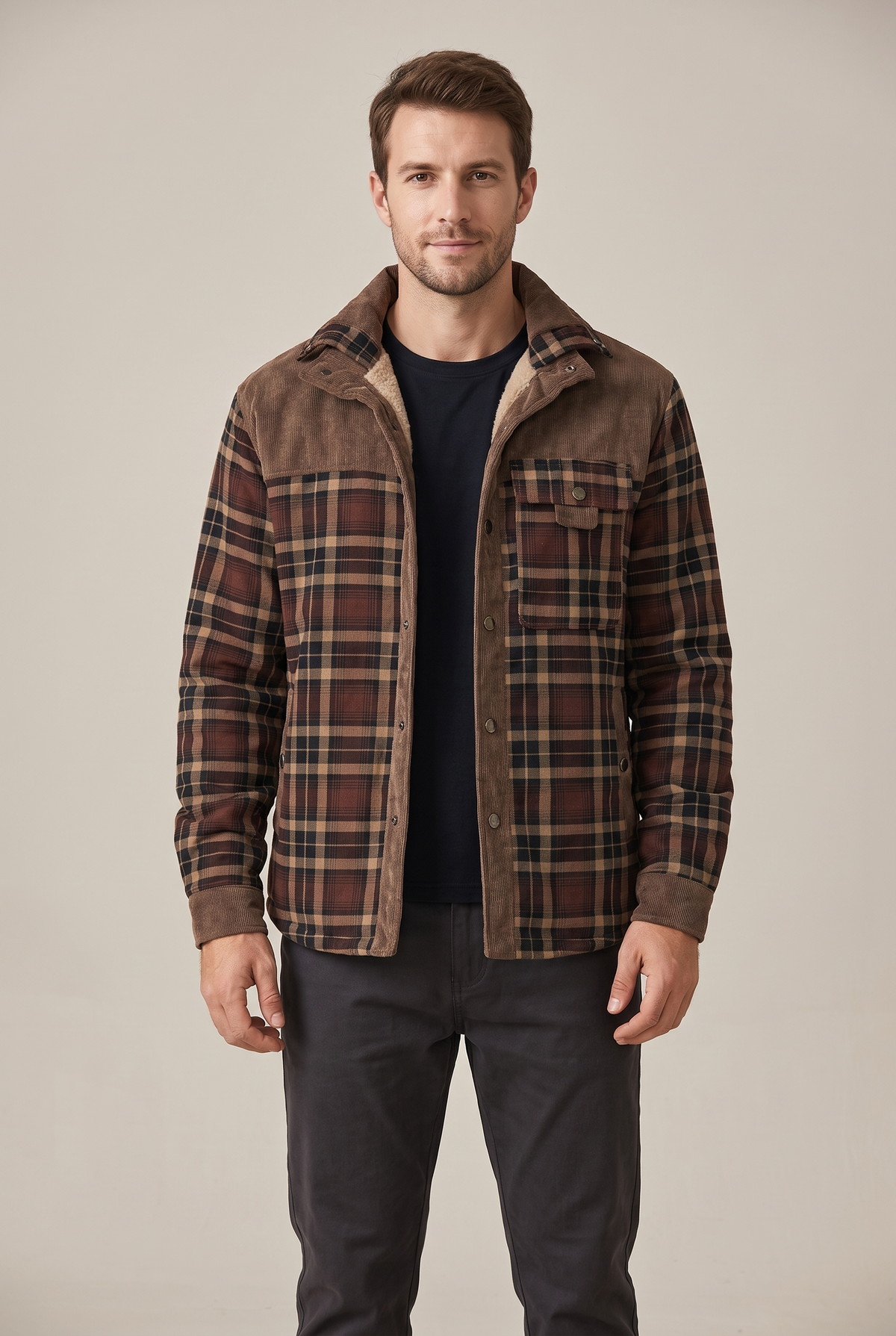 Men's Plaid Button-Front Jacket with Lined Interior in Dark Brown, on model