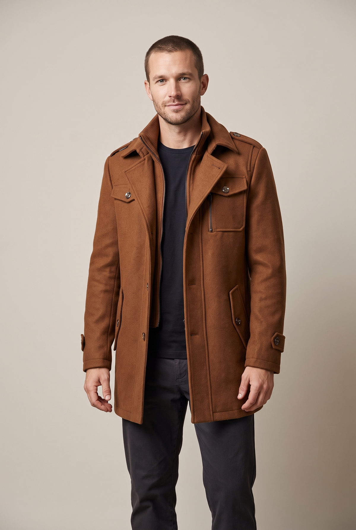 Men's Zip-Up Winter Coat with Button Accents and Stand-Up Collar in Brown, on model