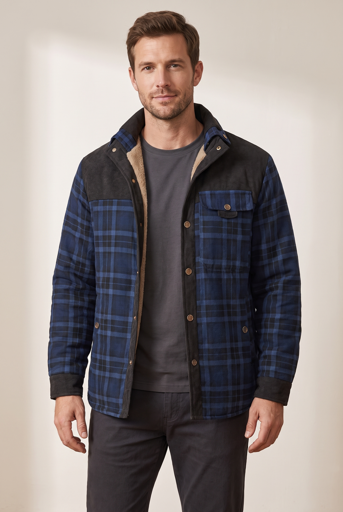 Men's Plaid Button-Front Jacket with Lined Interior in Blue, on model