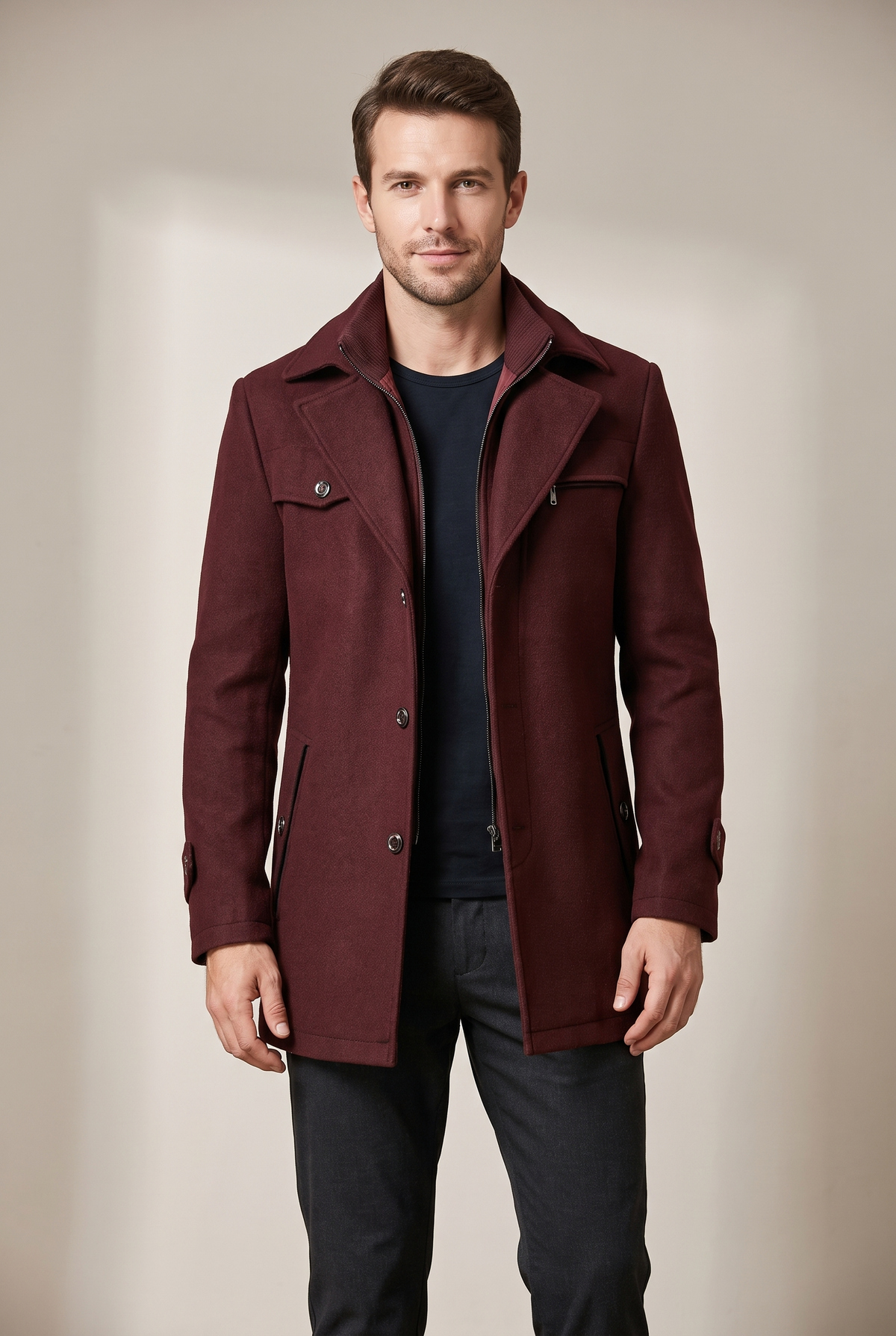 Men's Mid-Length Button-Front Winter Jacket with Structured Collar in Dark Red, on model