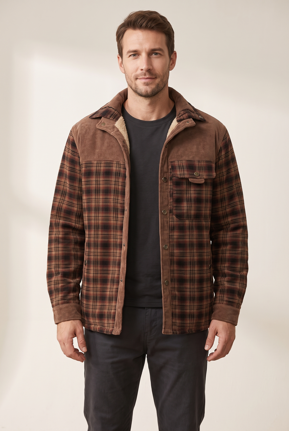 Men's Plaid Button-Front Jacket with Lined Interior in Brown and Red, on model
