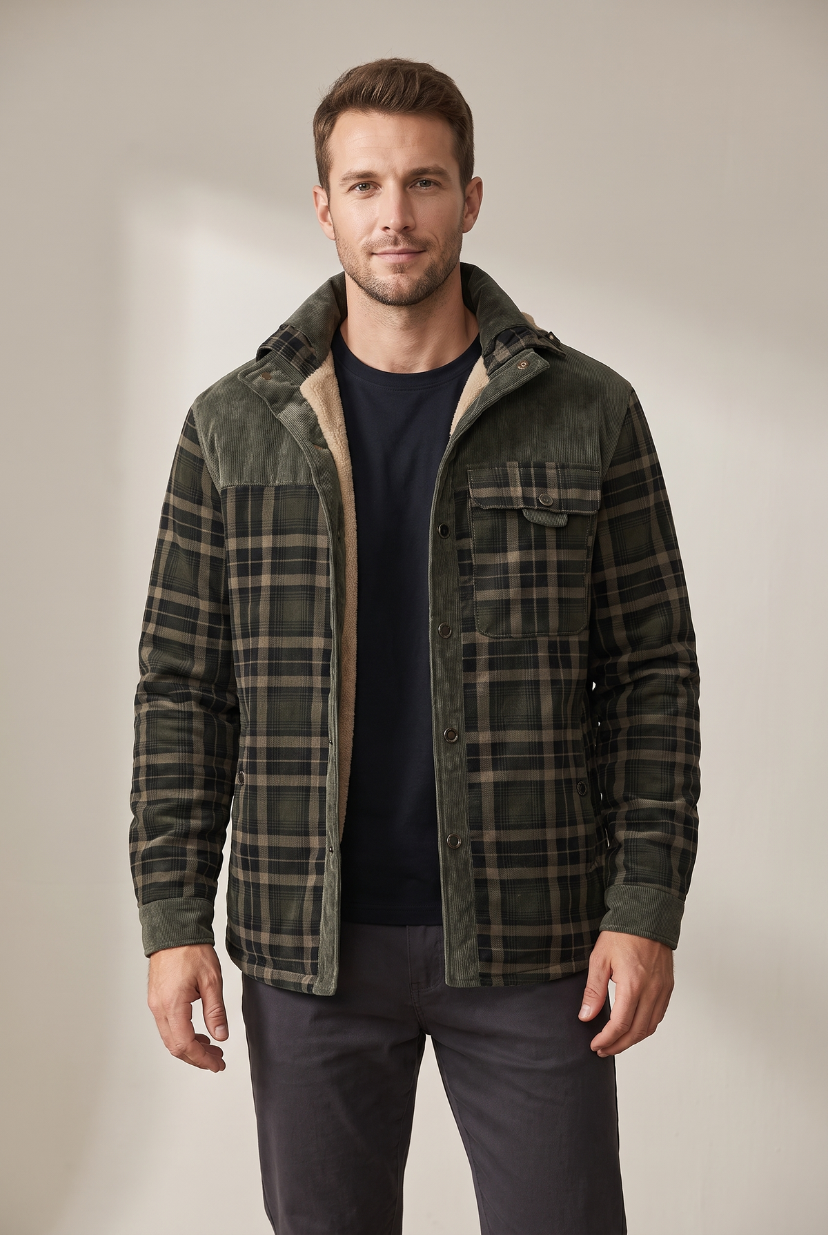 Men's Plaid Button-Front Jacket with Lined Interior in Dark Green, on model
