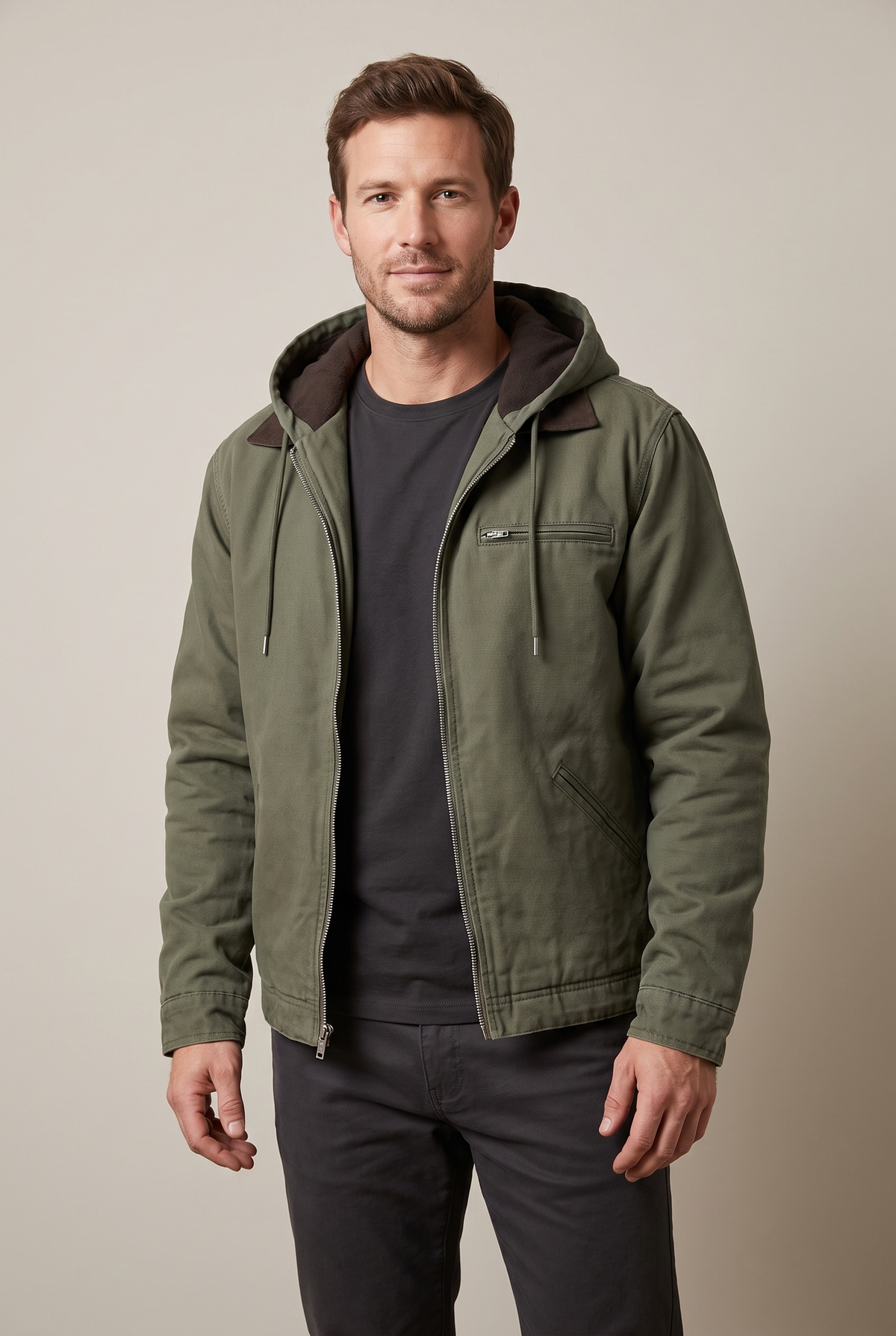 Men's Zip-Up Jacket with Attached Hood and Chest Zip Pocket in Army Green, on model