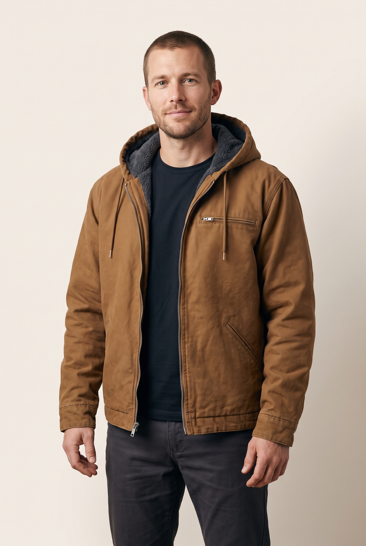 Men's Zip-Up Jacket with Attached Hood and Chest Zip Pocket in Brown, on model