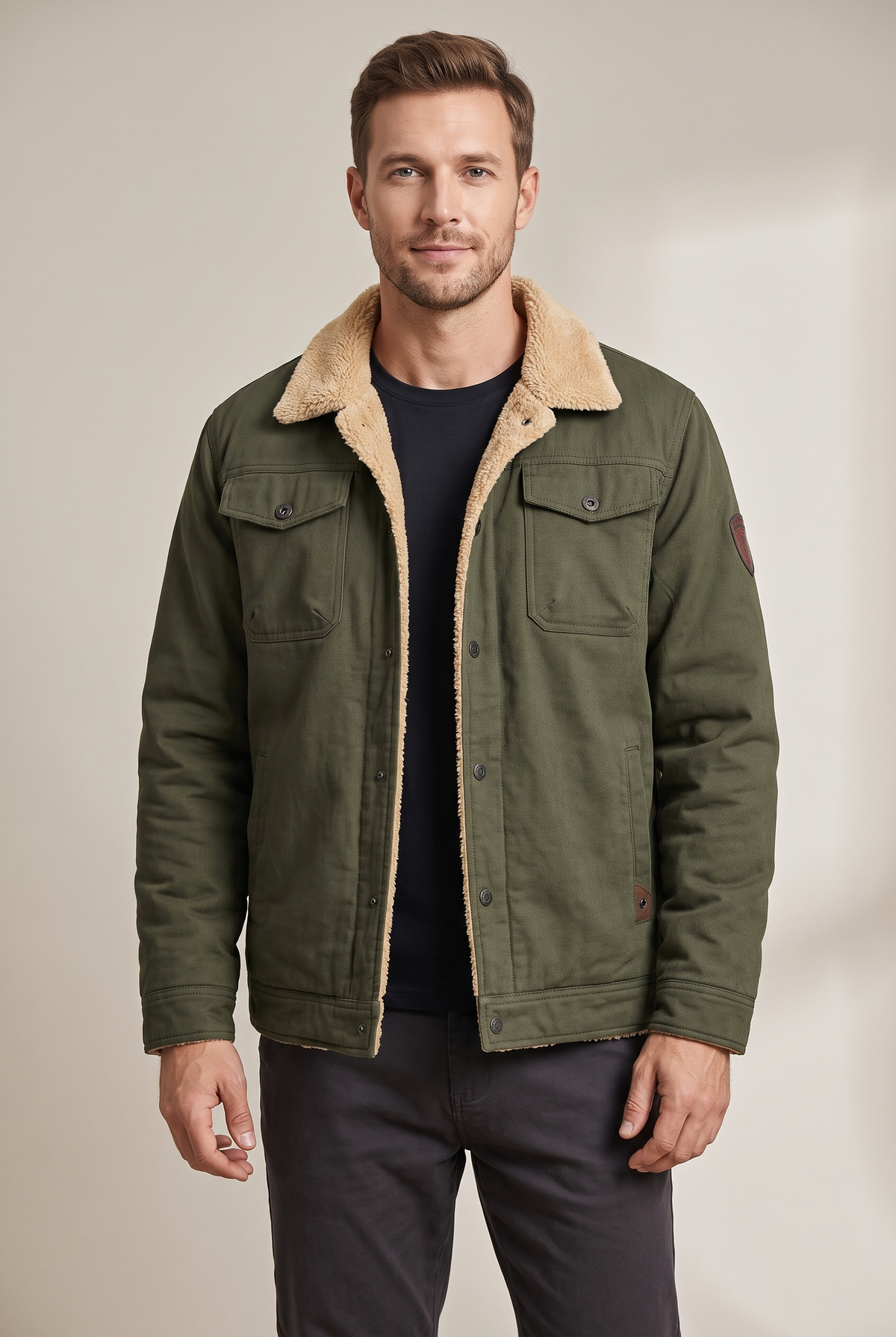 Men's Sherpa-Lined Button-Front Winter Jacket with Fold-Down Collar in Green, on model