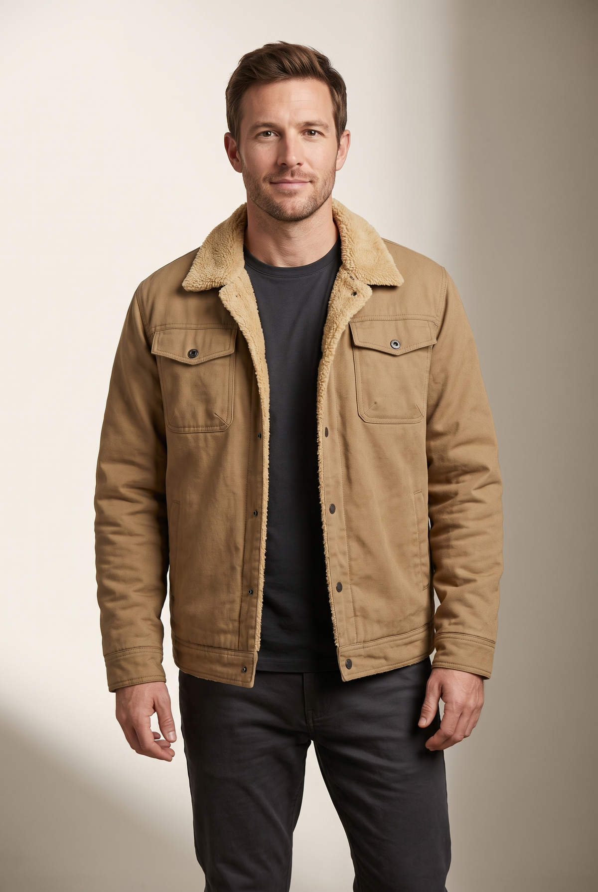 Men's Sherpa-Lined Button-Front Winter Jacket with Fold-Down Collar in Khaki, on model