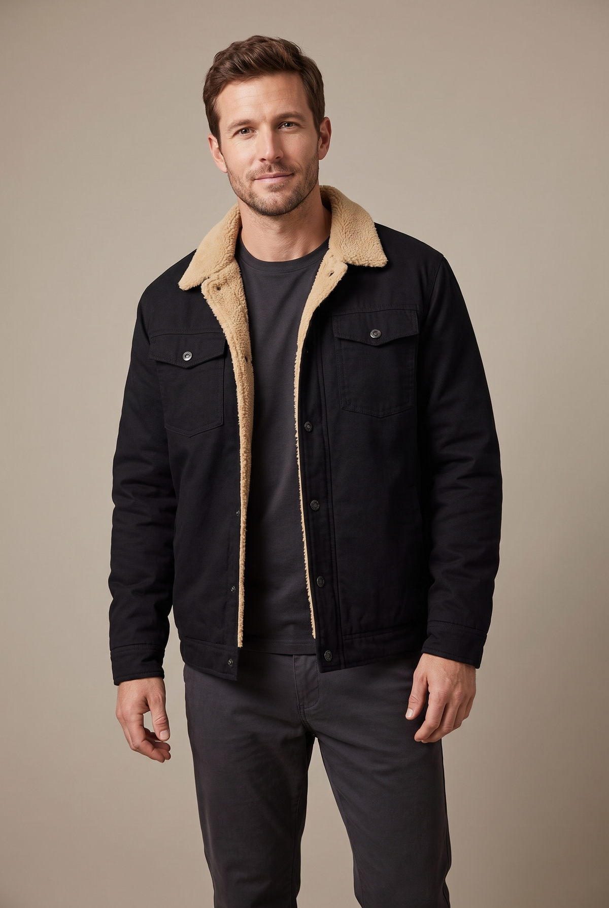 Men's Sherpa-Lined Button-Front Winter Jacket with Fold-Down Collar in Black, on model