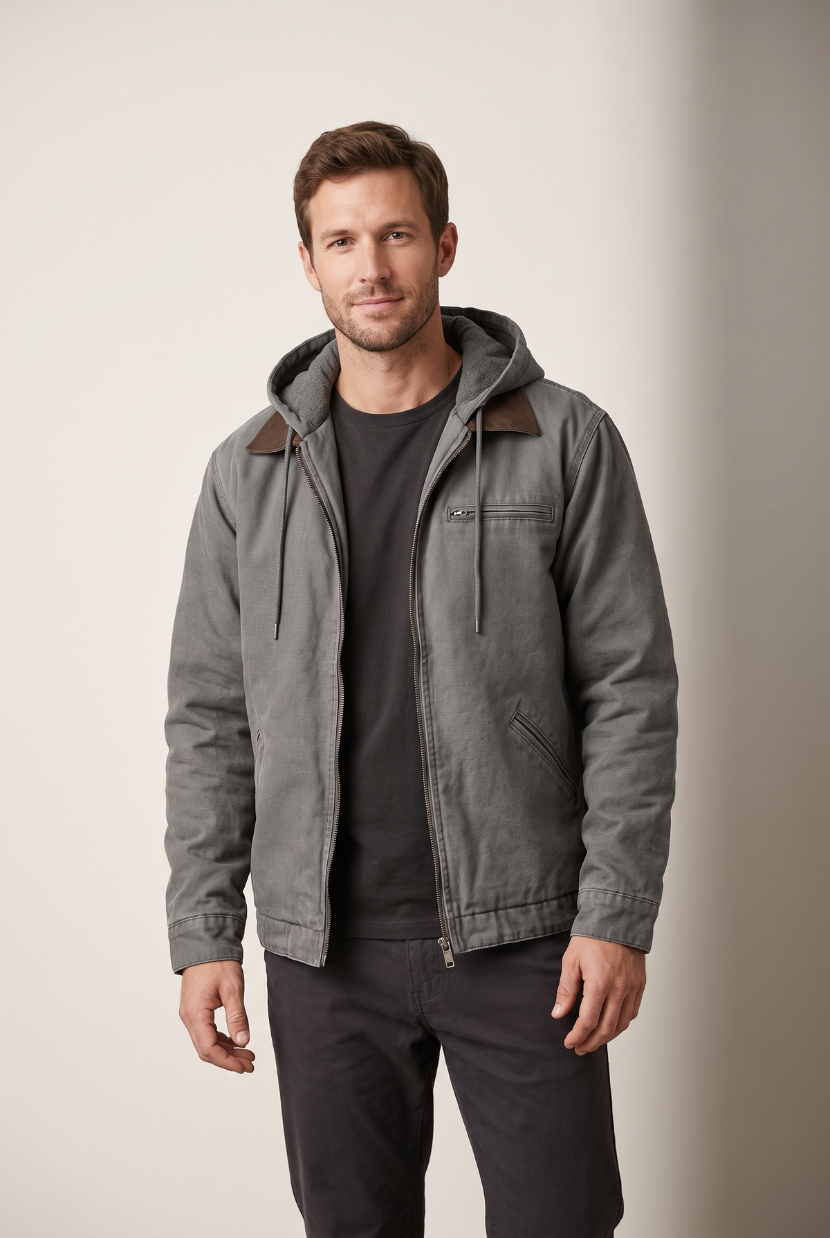 Men's Zip-Up Jacket with Attached Hood and Chest Zip Pocket in Gray, on model