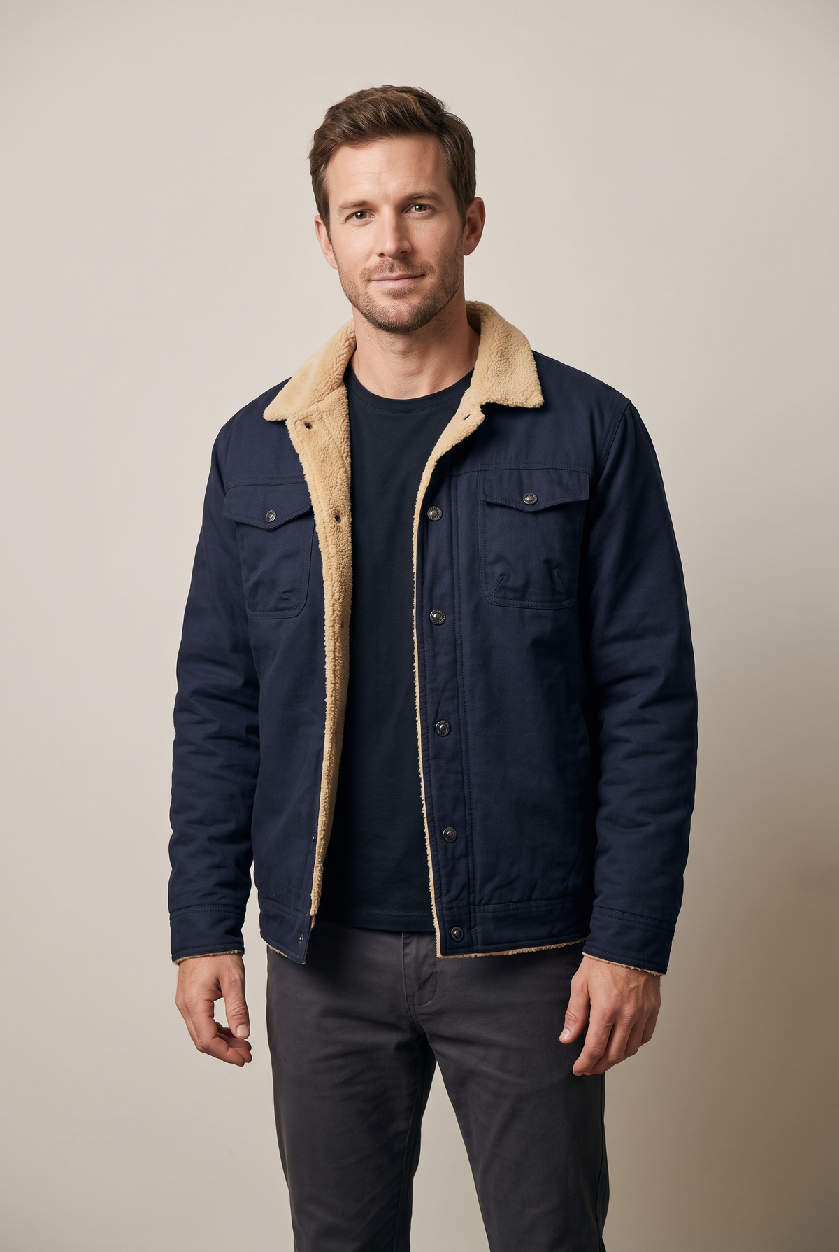 Men's Sherpa-Lined Button-Front Winter Jacket with Fold-Down Collar in Navy Blue, on model