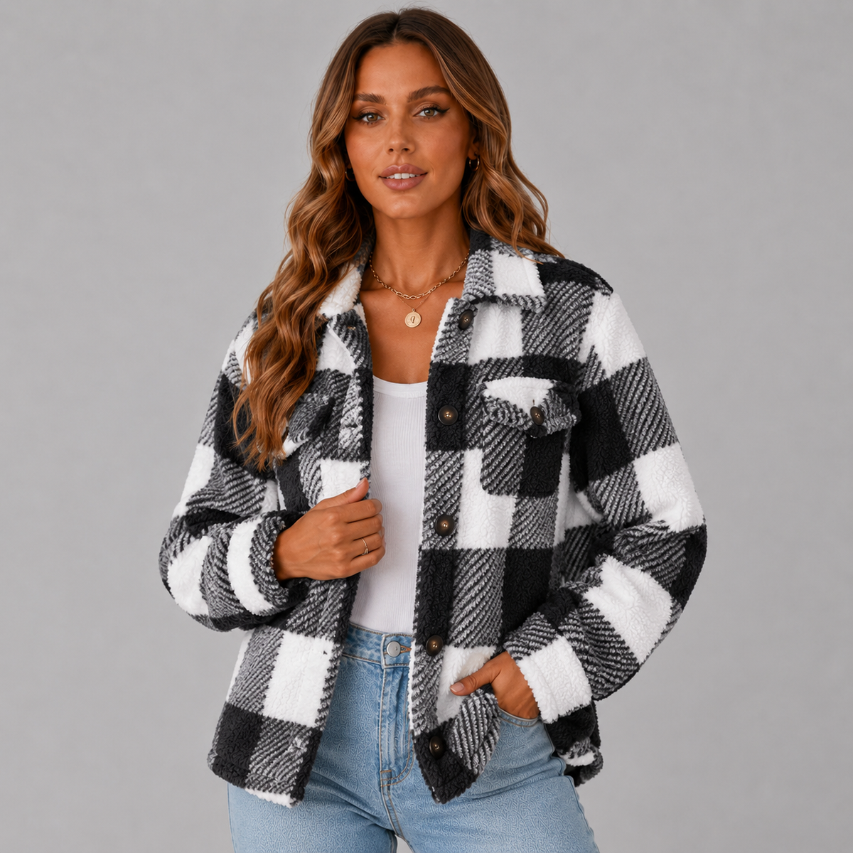 Lize Women's Plaid Sherpa Button-Up Winter Jacket, front view