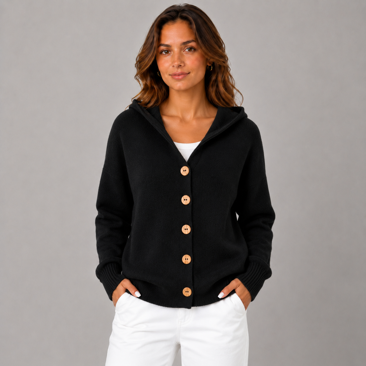 Lize Women's Relaxed-Fit Hooded Knit Cardigan, front view