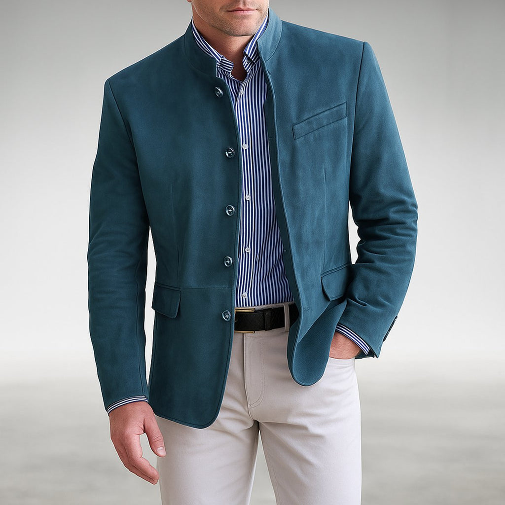 Owen Men's Mandarin-Collar Button-Front Blazer, close-up detail