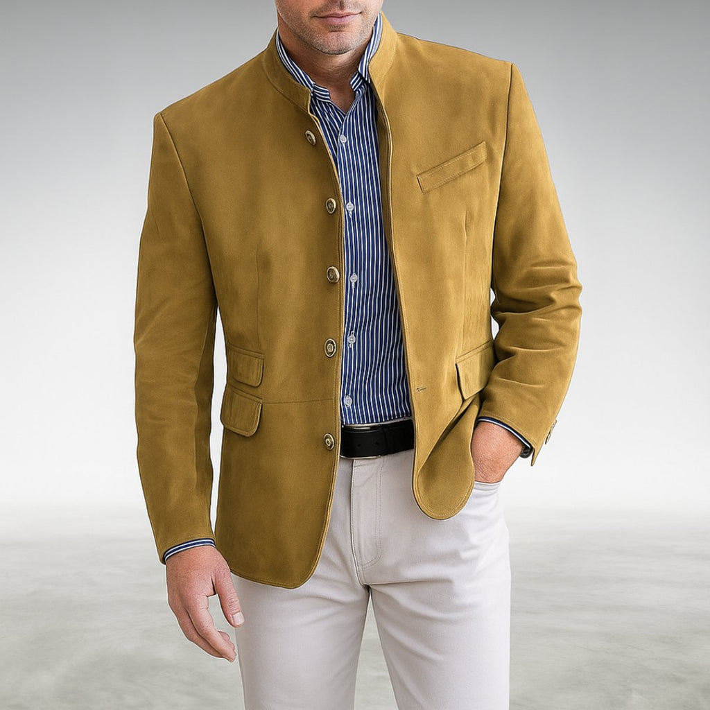 Owen Men's Mandarin-Collar Button-Front Blazer, styled outfit