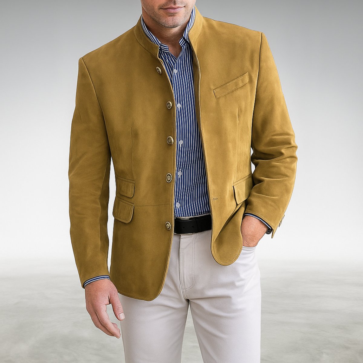Owen Men's Mandarin-Collar Button-Front Blazer, styled outfit