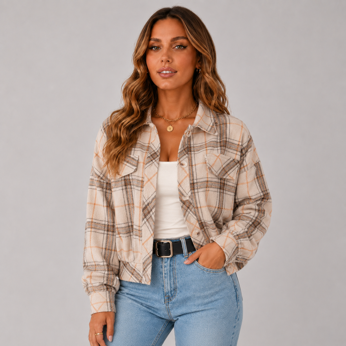 Mila Women's Cropped Plaid Shirt Winter Jacket, front view