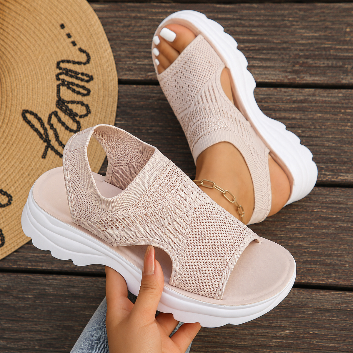Pami Women's Knitted Upper Slip-On Platform Sandals, back view
