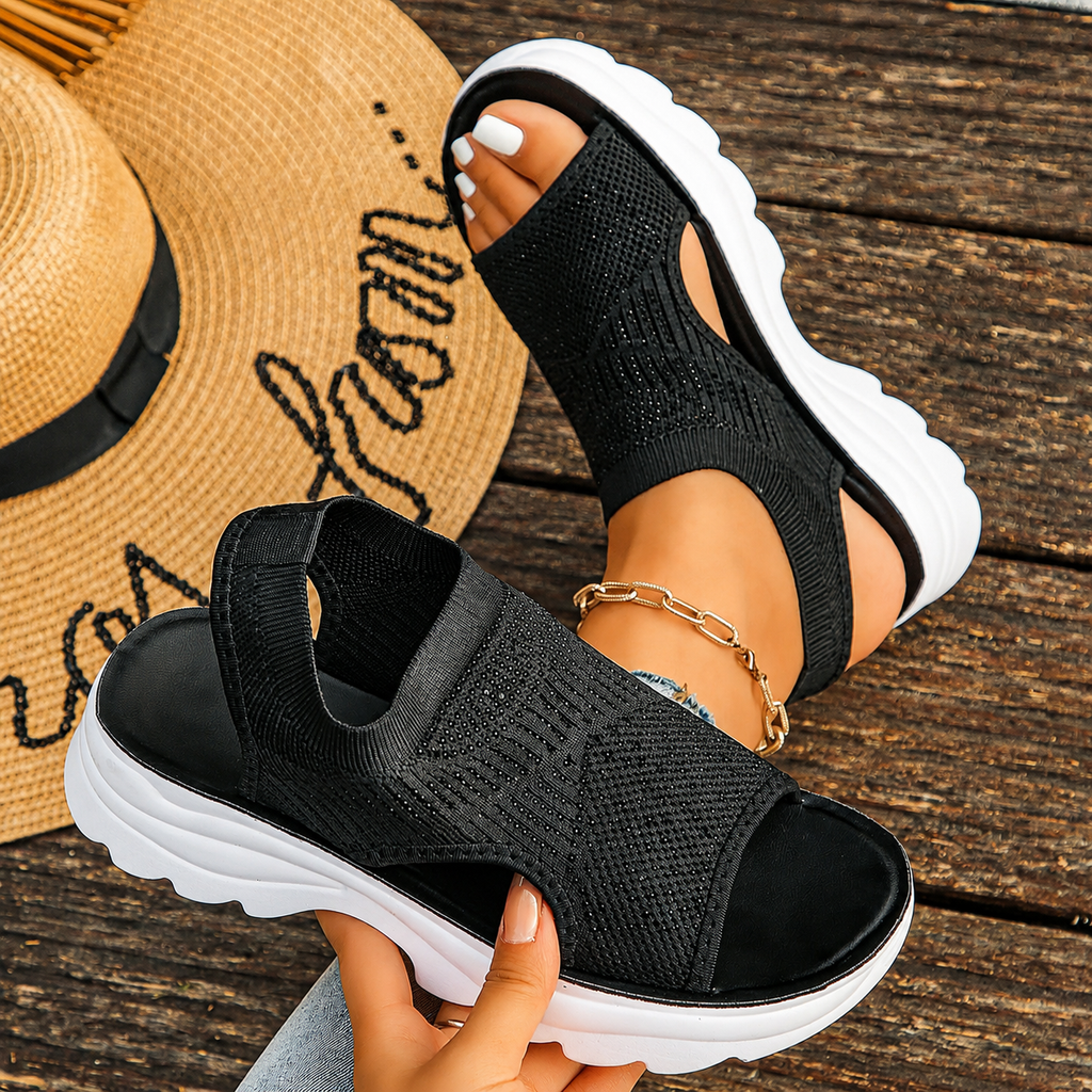 Pami Women's Knitted Upper Slip-On Platform Sandals, close-up detail