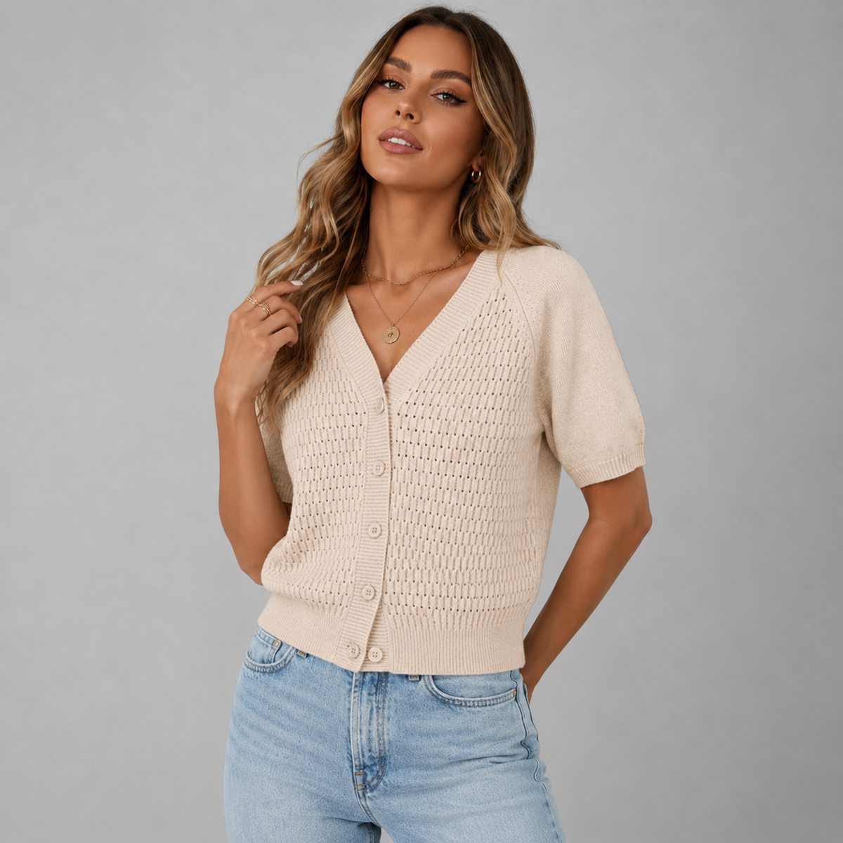 Sofia Women's Short Sleeve V-Neck Knit Cardigan, front view
