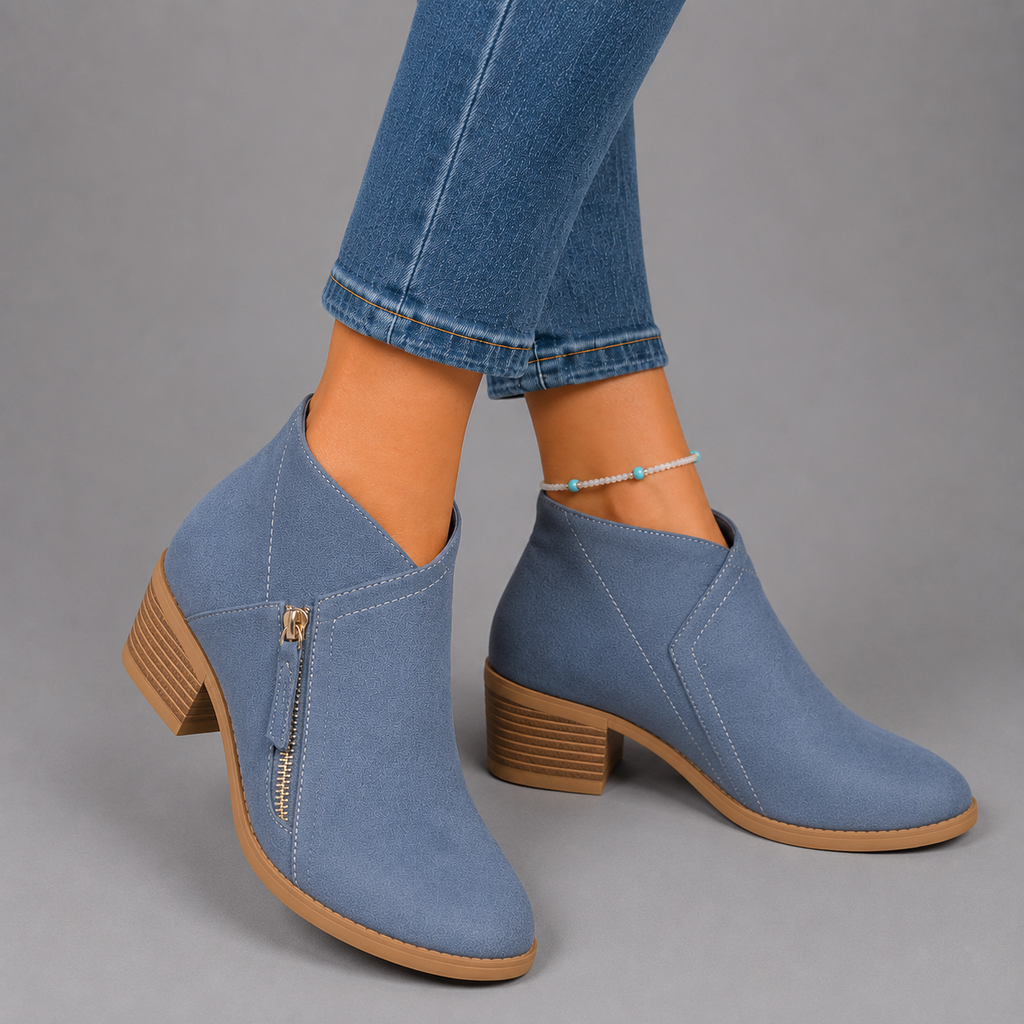 Sophie Women's Faux Suede Low-Heel Side-Zip Chelsea Boots, back view
