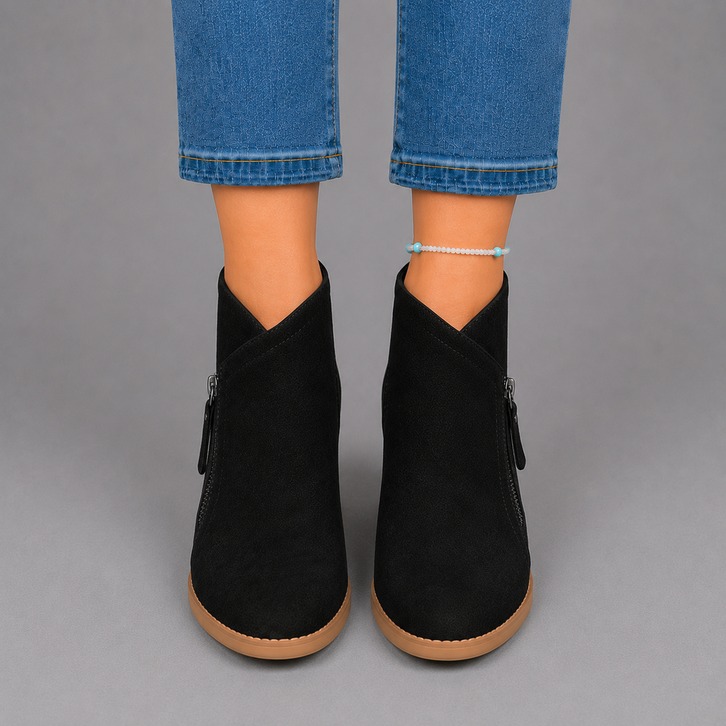 Sophie Women's Faux Suede Low-Heel Side-Zip Chelsea Boots, close-up detail