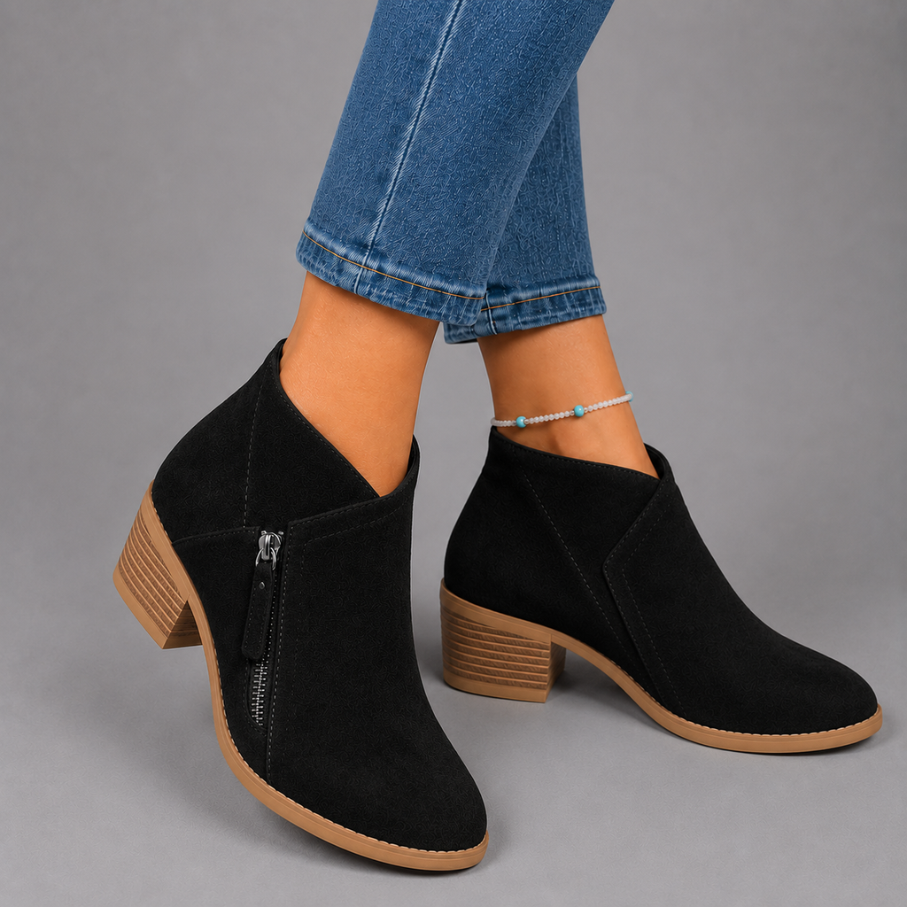 Sophie Women's Faux Suede Low-Heel Side-Zip Chelsea Boots, styled outfit
