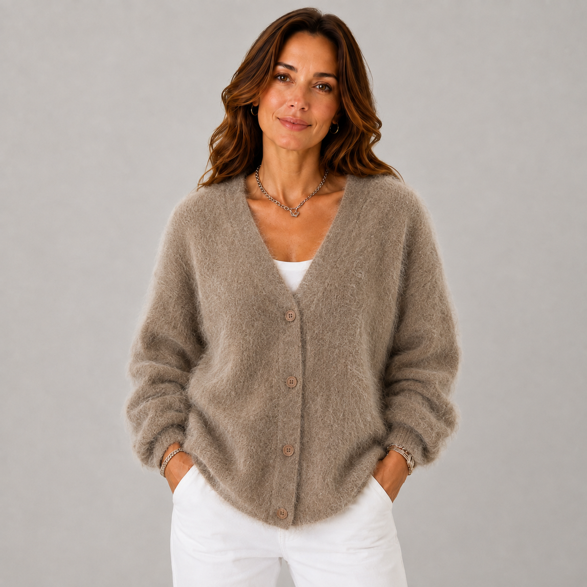 Sophie Women's Soft V-Neck Button-Up Knitted Sweater, front view