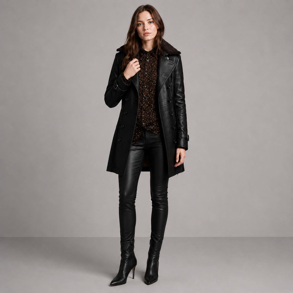 Sandra Women's Winter Collar Faux Leather Trench Coat, front view